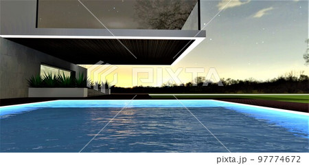 Evening illumination of a stylish pool with steps under water near the entrance to a wonderful new house, finished with natural eco-friendly materials. 3d rendering. Evening illumination of a stylish pool with steps under water near the entrance to a wonderful new house, finished with natural eco-friendly materials. 3d rendering. 97774672
