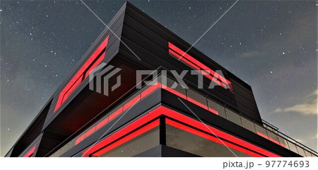 Bottom view of a corner of a futuristic house illuminated in scarlet against a starry sky. A good illustration for advertising banners about real estate. 3d rendering. 97774693