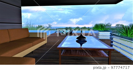 A chrome-plated vessel on a glass table next to a sofa on a wooden terrace in a rooftop relaxation area with a pool in an advanced hotel in an environmentally friendly area. 3d rendering. A chrome-plated vessel on a glass table next to a sofa on a wooden terrace in a rooftop relaxation area with a pool in an advanced hotel in an environmentally friendly area. 3d rendering. 97774717