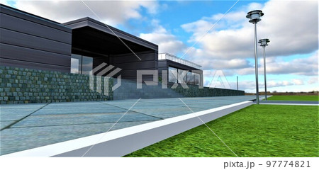 A white border separates the pavement in the form of stone slabs from the green lawn. Two metal street lamps. Concrete staircase up to the porch of a futuristic country house. 3d rendering. 97774821