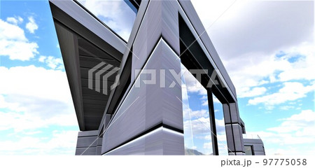 Abstract architecture. A look from below at a futuristic custom-shaped house. Large panoramic energy-saving windows. Innovative composite wall cladding material. 3d render. 97775058