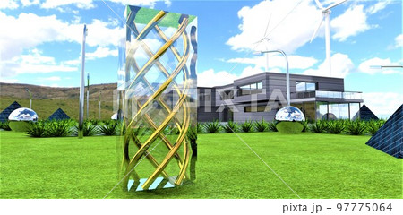 A unique installation of intertwined gold threads in transparent crystal in a meadow near an eco-friendly house with silent wind turbines. 3d render. 97775064