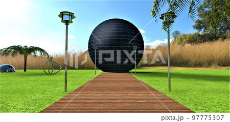 A high-tech solar power plant in the form of a photovoltaic ball with batteries and charge controllers inside. Converting direct current to alternating current is done by an inverter. 3d rendering. 97775307