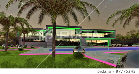Night illumination design of an elite private cottage in green and red. The house looks chic under the evening starry sky among green dense palm trees and steel balls as decoration. 3d rendering. 97775345