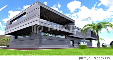 The view from below is the corner of a futuristic private house with a metal facade. Big steel ball in the green meadow. Silent wind generator in the background. 3D rendering. 97775349