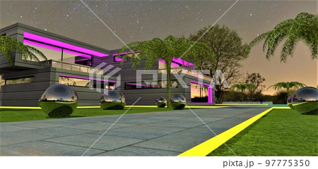 The yellow glowing border looks great under the night starry sky. Illumination of the facade of a futuristic countryside in purple. 3d rendering. 97775350