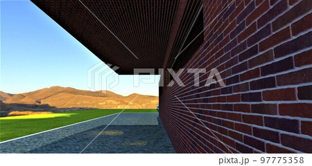 A glossy red brick wall looks great with gray natural granite paving stones. Sun glare on a green lawn. Amazing mountain landscape. 3d rendering. 97775358