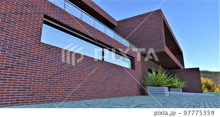 A long narrow window with a four-chamber double-glazed window on the wall of an elite country house, lined with red-blue glossy brick. 3d rendering. 97775359