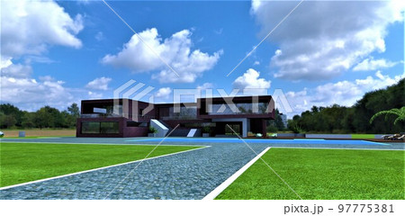 Pedestrian road paved with natural granite with a white border on a lush green meadow on the territory of a wonderful country estate built in a minimalist style. 3d rendering. 97775381