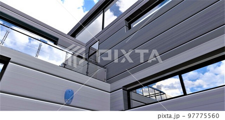 Bottom view of a stylish country house finished with horizontal aluminum panels. Comfortable balcony surrounded by glass panels. A good banner for advertising advanced real estate. 3d rendering. 97775560