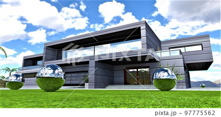 Decorative metal balls on the lawn in front of a futuristic country house. Porch with wooden swing doors. Can be used for publications about futuristic real estate. 3d rendering. Decorative metal balls on the lawn in front of a futuristic country house. Porch with wooden swing doors. Can be used for publications about futuristic real estate. 3d rendering. 97775562