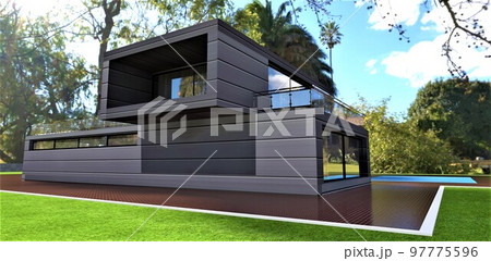 Modern eco-friendly cottage in a tropical park. Aesthetic sealed heat-efficient durable wall finishing material. A good banner for advertising technological townhouses. 3d rendering. Modern eco-friendly cottage in a tropical park. Aesthetic sealed heat-efficient durable wall finishing material. A good banner for advertising technological townhouses. 3d rendering. 97775596