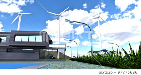 Innovative technological estate with autonomous power supply from renewable energy sources. Silent smart wind generators fully provide the house and garden with electricity. 3d render. 97775636