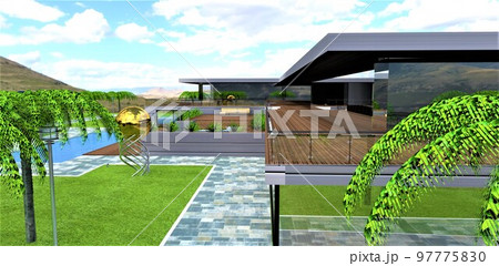 Drone view of the wooden deck of a stunning modern house with a glass tinted facade. At the bottom of the blind area of stone slabs. 3d rendering. 97775830
