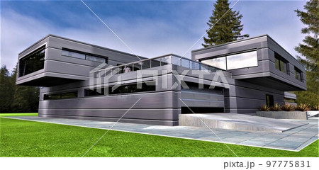 Exclusive design of a country private cottage in an ecologically clean park area. Individual finishing with innovative building materials. 3d rendering. 97775831