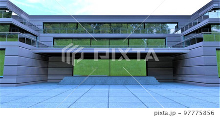 Entrance design for a modern office building, built according to an exclusive project by a team of advanced architects. Green technologies and eco-friendly materials. 3d rendering. 97775856