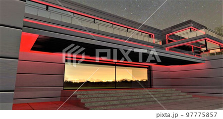 Entrance to an elite country building at night. Individual project of illumination of the facade in red. Exclusive porch with wide concrete steps. 3d rendering. Entrance to an elite country building at night. Individual project of illumination of the facade in red. Exclusive porch with wide concrete steps. 3d rendering. 97775857