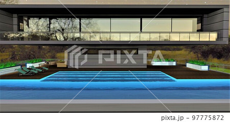 A mysterious evening on the roof terrace of a country estate with a swimming pool. Dark trees are reflected in the balcony windows on the second floor. 3d rendering. 97775872