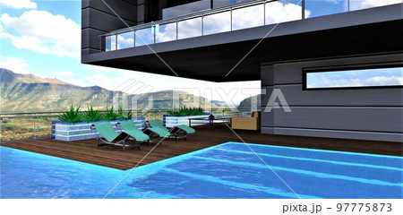 An amazing recreation area on the roof of an elite club hotel with a swimming pool, comfortable furniture and a gorgeous view of the mountain landscape. 3d rendering. An amazing recreation area on the roof of an elite club hotel with a swimming pool, comfortable furniture and a gorgeous view of the mountain landscape. 3d rendering. 97775873