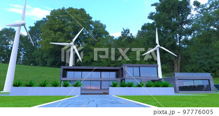Walkway paved with concrete slabs on the territory of ecologicaly clean estate with independent electricity providing system. 3d rendering. 97776005
