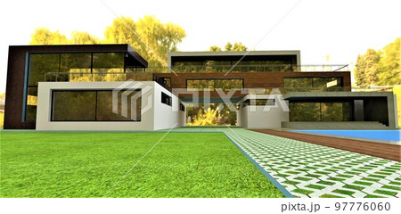 Stylish estate with pool and big green lawn in autumn. Unusual architecture shape of th house. Through arch in the center of the facade. 3d rendering. Stylish estate with pool and big green lawn in autumn. Unusual architecture shape of th house. Through arch in the center of the facade. 3d rendering. 97776060