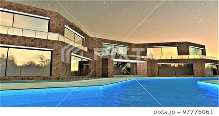 Swimming pool like a glowing blue river under a starry sky in the backyard of a luxurious club hotel built according to a modern project using environmentally friendly technologies. 3d rendering. Swimming pool like a glowing blue river under a starry sky in the backyard of a luxurious club hotel built according to a modern project using environmentally friendly technologies. 3d rendering. 97776061