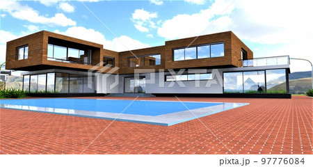 Red brick as a paving stone of the contemporary suburban dwelling with pool in the courtyard, Good illustration for the modern real estate magazine. 3d rendering. Red brick as a paving stone of the contemporary suburban dwelling with pool in the courtyard, Good illustration for the modern real estate magazine. 3d rendering. 97776084