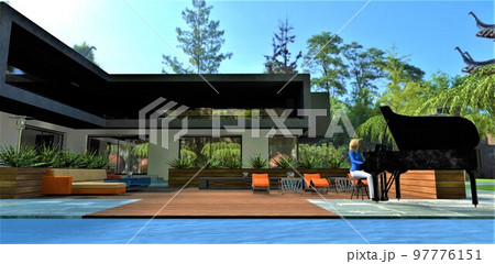 A blonde woman in a blue blouse plays the black piano on the amazing patio near the pool in the courtyard of a fashionable country house built in a shady park. 3d rendering. 97776151