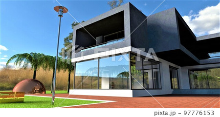 A steel street lamp in front of an advanced suburban dwelling during the day. Red tile paving stone and white border. Bright green meadow. Combined decoration of the facade of the building. 3d 97776153