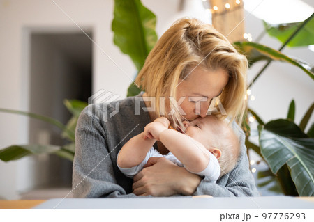 Portrait of young mother cuddling and kissing her adorable little baby boy while sitting at the table at home. Sensory stimulation for baby development Portrait of young mother cuddling and kissing her adorable little baby boy while sitting at the table at home. Sensory stimulation for baby development 97776293