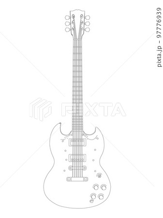 シンプルでおしゃれなエレキギターのリアルな白黒線画イラスト素材 97776939