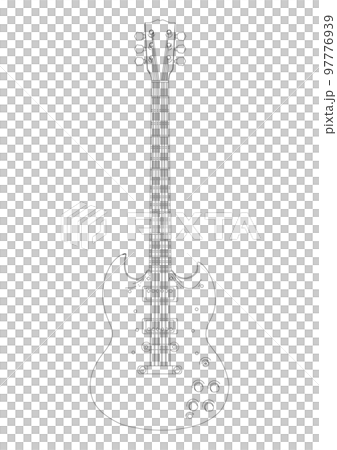 シンプルでおしゃれなエレキギターのリアルな白黒線画イラスト素材 97776939