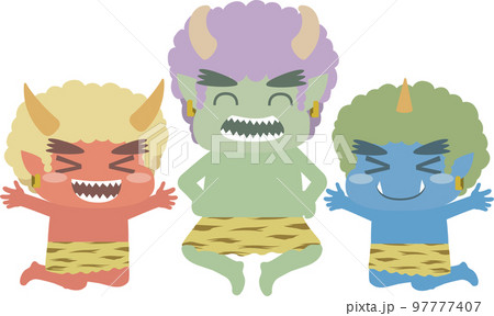 笑顔でジャンプする赤鬼と青鬼と緑鬼 笑顔でジャンプする赤鬼と青鬼と緑鬼 97777407