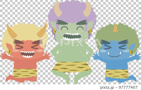 笑顔でジャンプする赤鬼と青鬼と緑鬼 笑顔でジャンプする赤鬼と青鬼と緑鬼 97777407