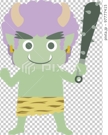 一個綠色惡魔微笑著站著，拿著一根金屬棒 97777415