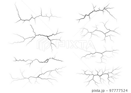 Cracks collection on wall, earth or stone. Scratches lines on surfaces. Lightning and thunderstorm vector illustrations. Fissure on ground and ice. Graphic explosions textures with holes. 97777524