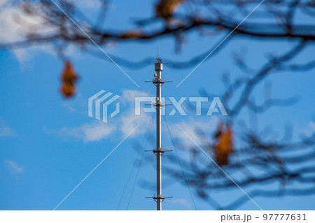 Obninsk meteorological mast against the blue sky. Abstract view. Obninsk, Russia Obninsk meteorological mast against the blue sky. Abstract view. Obninsk, Russia 97777631