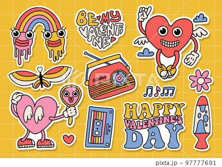 Groovy hippie Valentine's day sticker set. Retro love stickers pack. Comic ewird heart character in trendy retro cartoon 60s 70s style. Vintage mascots and elements. Vvector contour illustration. 97777691