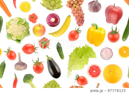 Seamless pattern of fresh fruits and vegetables isolated on white 97778125