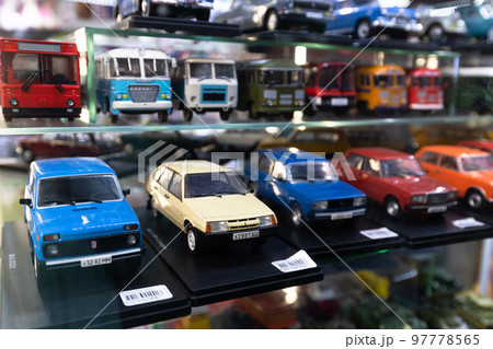 Moscow, Russia - Feb 20. 2021. Metal miniature models of Russian cars on a shop window 97778565