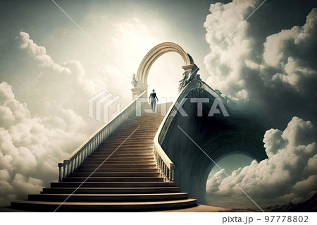 Man climbing into paradise through clouds on stairway to heaven Man climbing into paradise through clouds on stairway to heaven 97778802