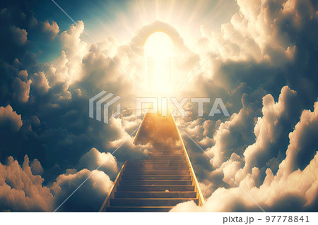 Divine arch in clouds at end of stairway to heaven Divine arch in clouds at end of stairway to heaven 97778841