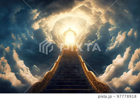 Paradise stairway to heaven with light in gates under clouds 97778918