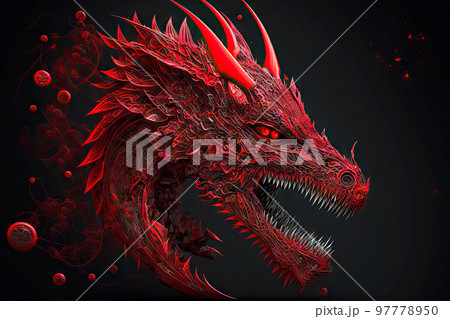 Head of mythical red dragons with sharp dangerous fangs Head of mythical red dragons with sharp dangerous fangs 97778950