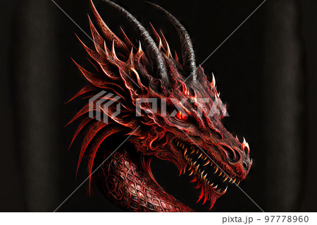 Red glowing eyes with head red dragons on dark background Red glowing eyes with head red dragons on dark background 97778960