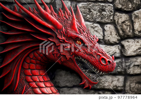 Grey stone wall with image of head of red dragonsのイラスト素材 [97778964] - PIXTA