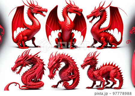 Several individual red dragons shapes are isolated on white background 97778988