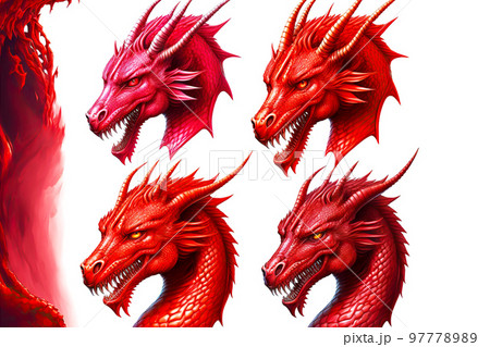 Four heads of oriental mystical red dragons...のイラスト素材