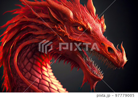 Head from mystical red dragons with wide open mouth 97779005