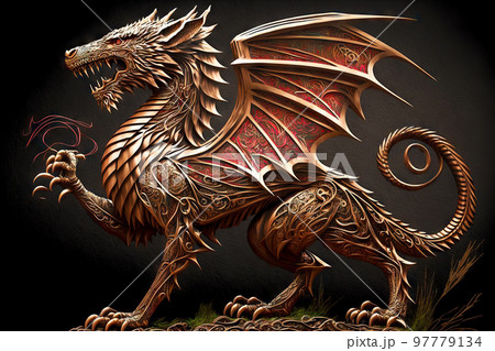 Bronze statue of mystical red dragons with raised paw 97779134